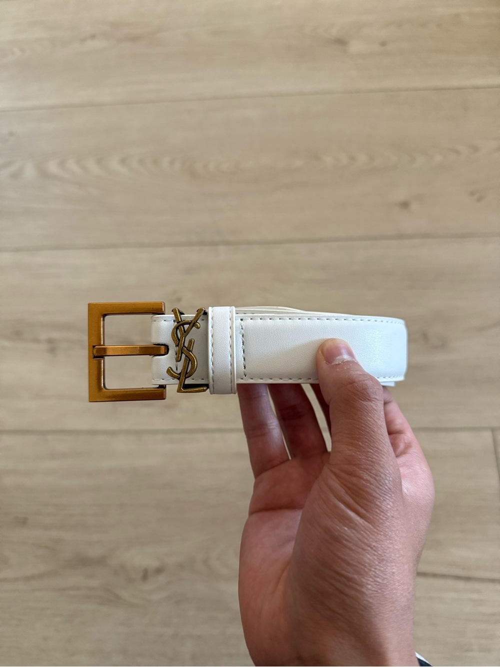 Saint Laurent White Leather Belt with Signature Silver YSL Accent